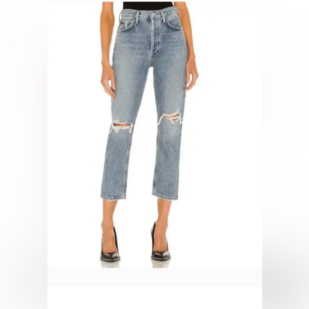 Agolde Riley distressed knees button fly high waisted blue jeans, size 26